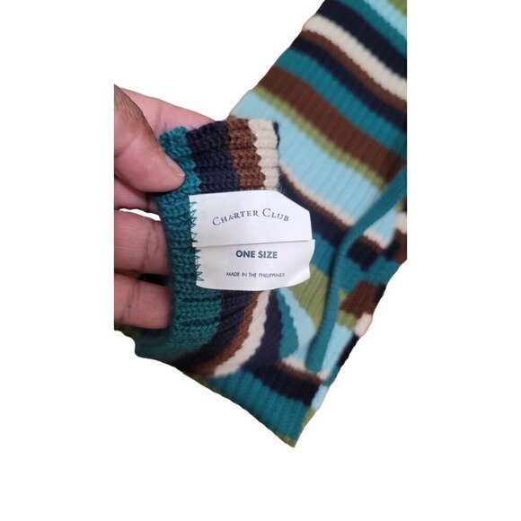 Charter Club Striped Knit Hat & Scarf Set Teal/Green/Brown One Size Acrylic/Cott - Picture 5 of 6